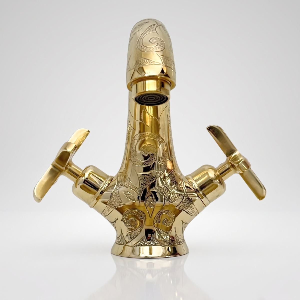 Unlacquered Brass Engraved Single Hole Bathroom Faucet with Cross Handles