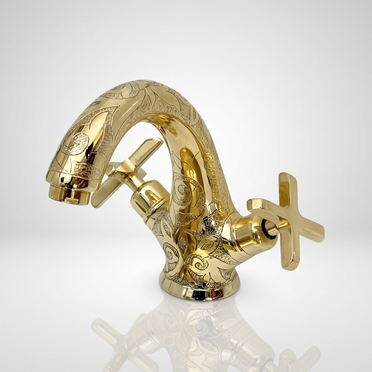 Unlacquered Brass Engraved Single Hole Bathroom Faucet with Cross Handles