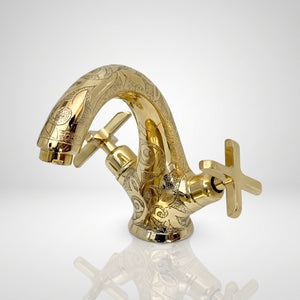 Unlacquered Brass Engraved Single Hole Bathroom Faucet with Cross Handles