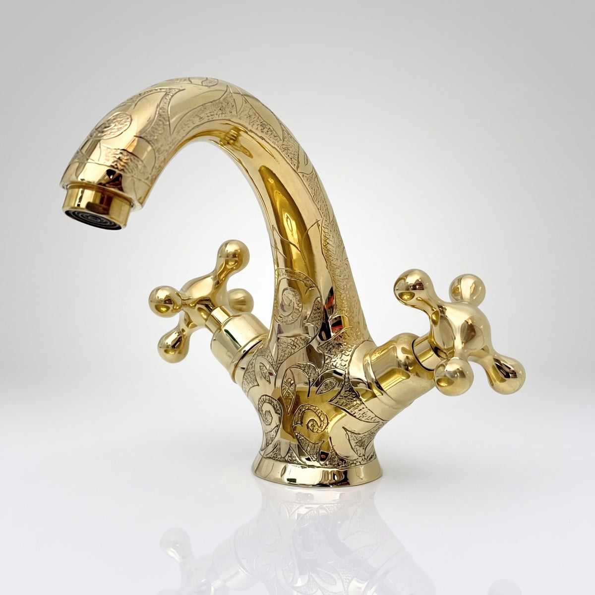 Unlacquered Brass Engraved Single Hole Bathroom Faucet with Cross Handles