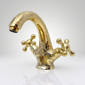 Unlacquered Brass Engraved Single Hole Bathroom Faucet with Cross Handles