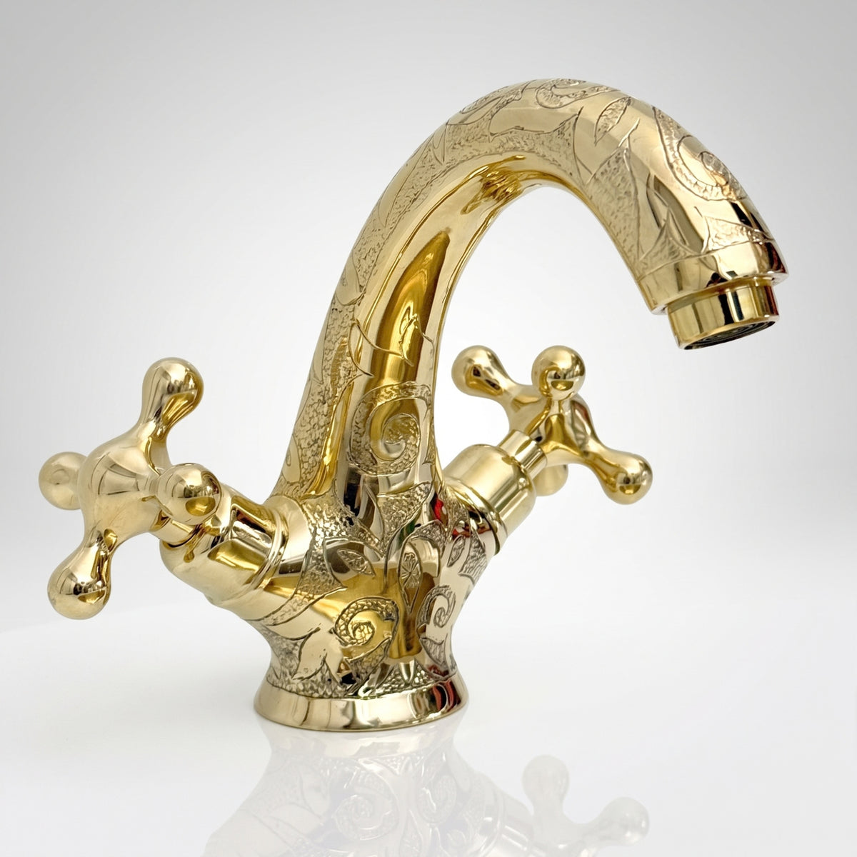 Unlacquered Brass Engraved Single Hole Bathroom Faucet with Cross Handles