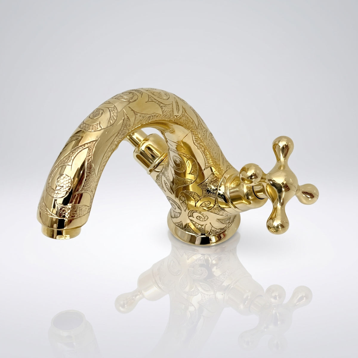 Unlacquered Brass Engraved Single Hole Bathroom Faucet with Cross Handles
