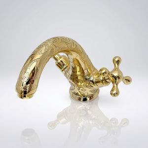 Unlacquered Brass Engraved Single Hole Bathroom Faucet with Cross Handles