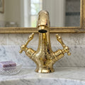 Unlacquered Brass Engraved Single Hole Bathroom Faucet with Lever Handles