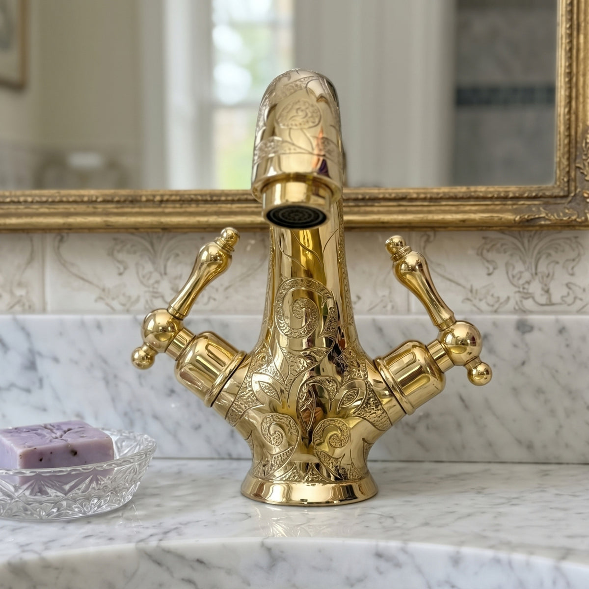 Unlacquered Brass Engraved Single Hole Bathroom Faucet with Lever Handles