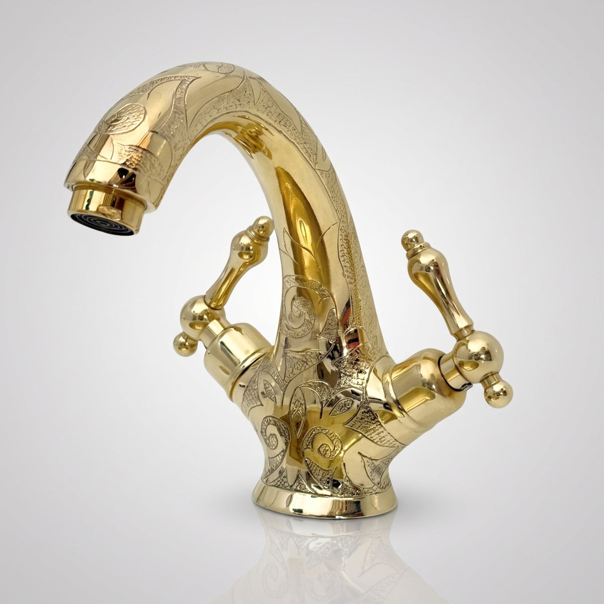 Unlacquered Brass Engraved Single Hole Bathroom Faucet with Lever Handles