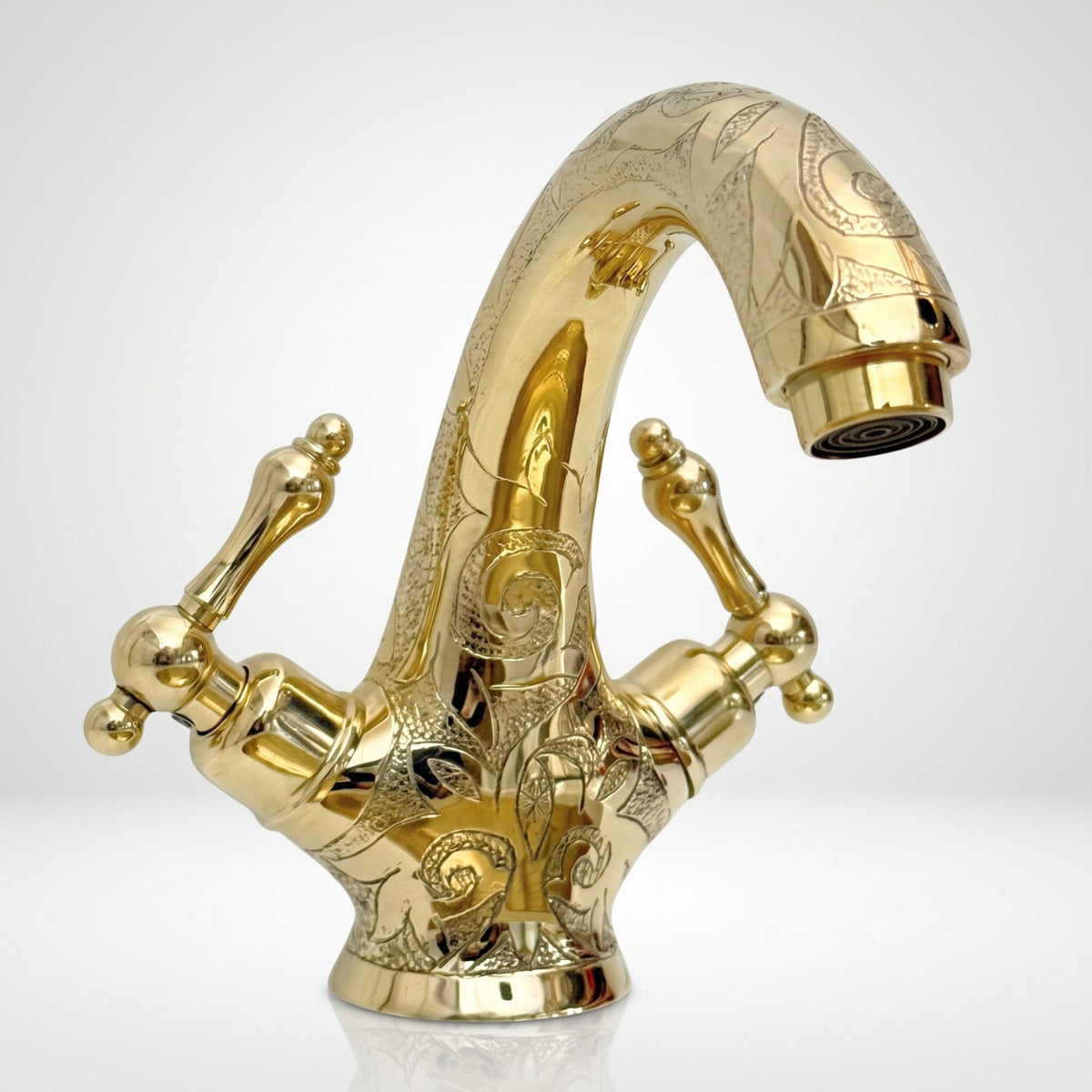 Unlacquered Brass Engraved Single Hole Bathroom Faucet with Lever Handles