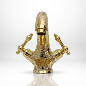 Unlacquered Brass Engraved Single Hole Bathroom Faucet with Lever Handles