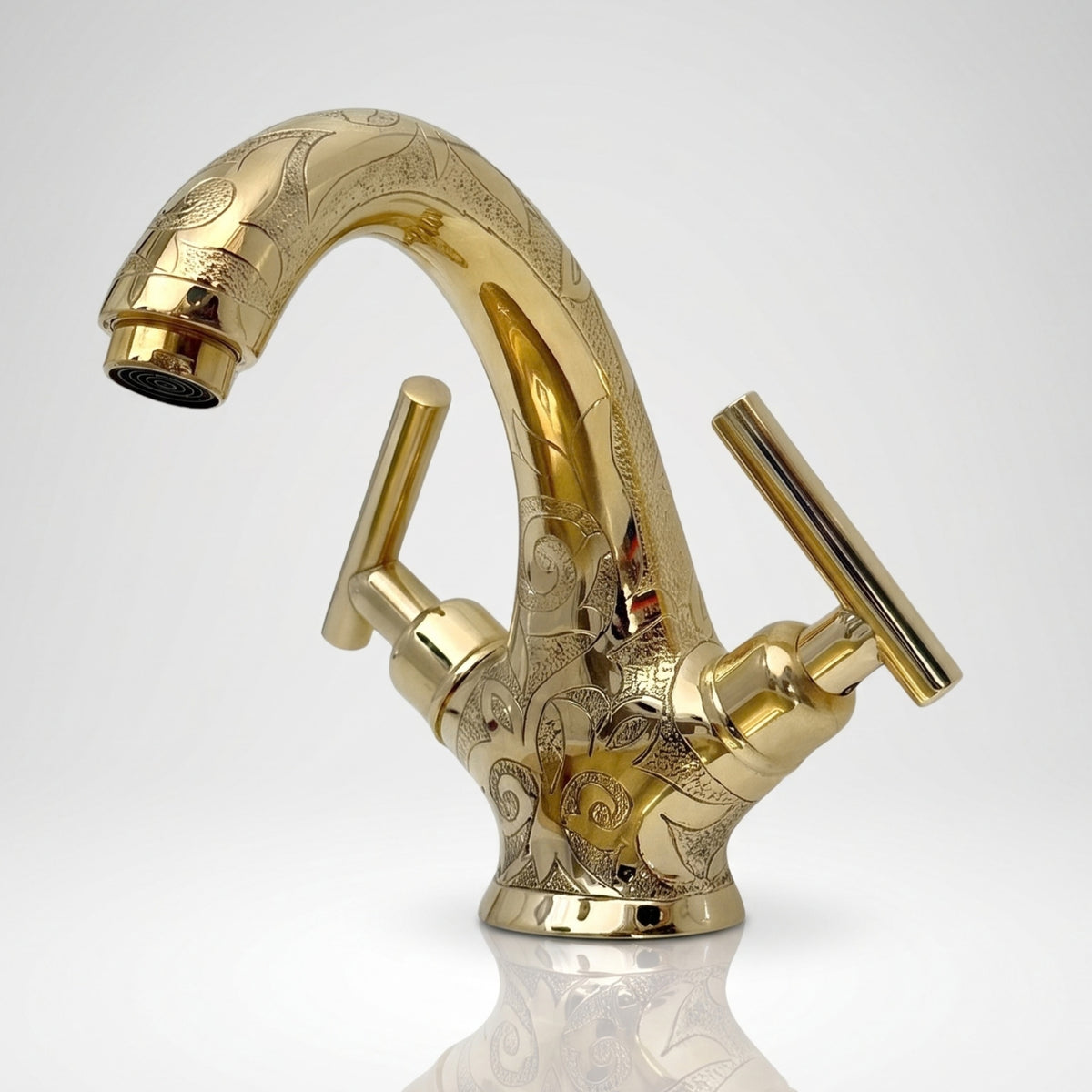 Unlacquered Brass Engraved Single Hole Bathroom Faucet with Lever Handles