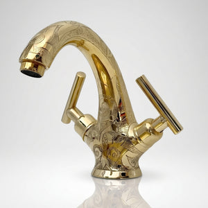 Unlacquered Brass Engraved Single Hole Bathroom Faucet with Lever Handles