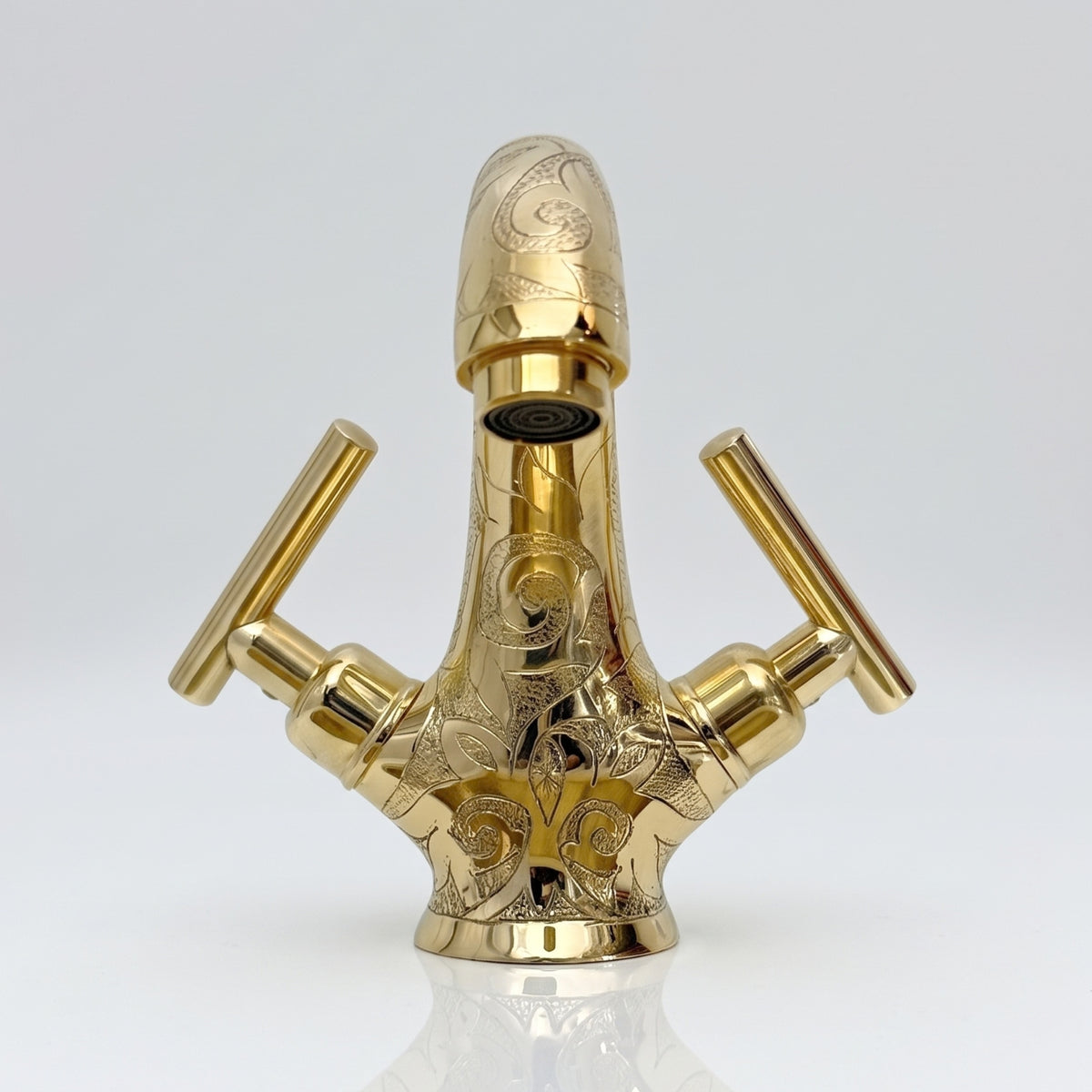 Unlacquered Brass Engraved Single Hole Bathroom Faucet with Lever Handles