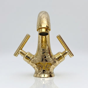 Unlacquered Brass Engraved Single Hole Bathroom Faucet with Lever Handles