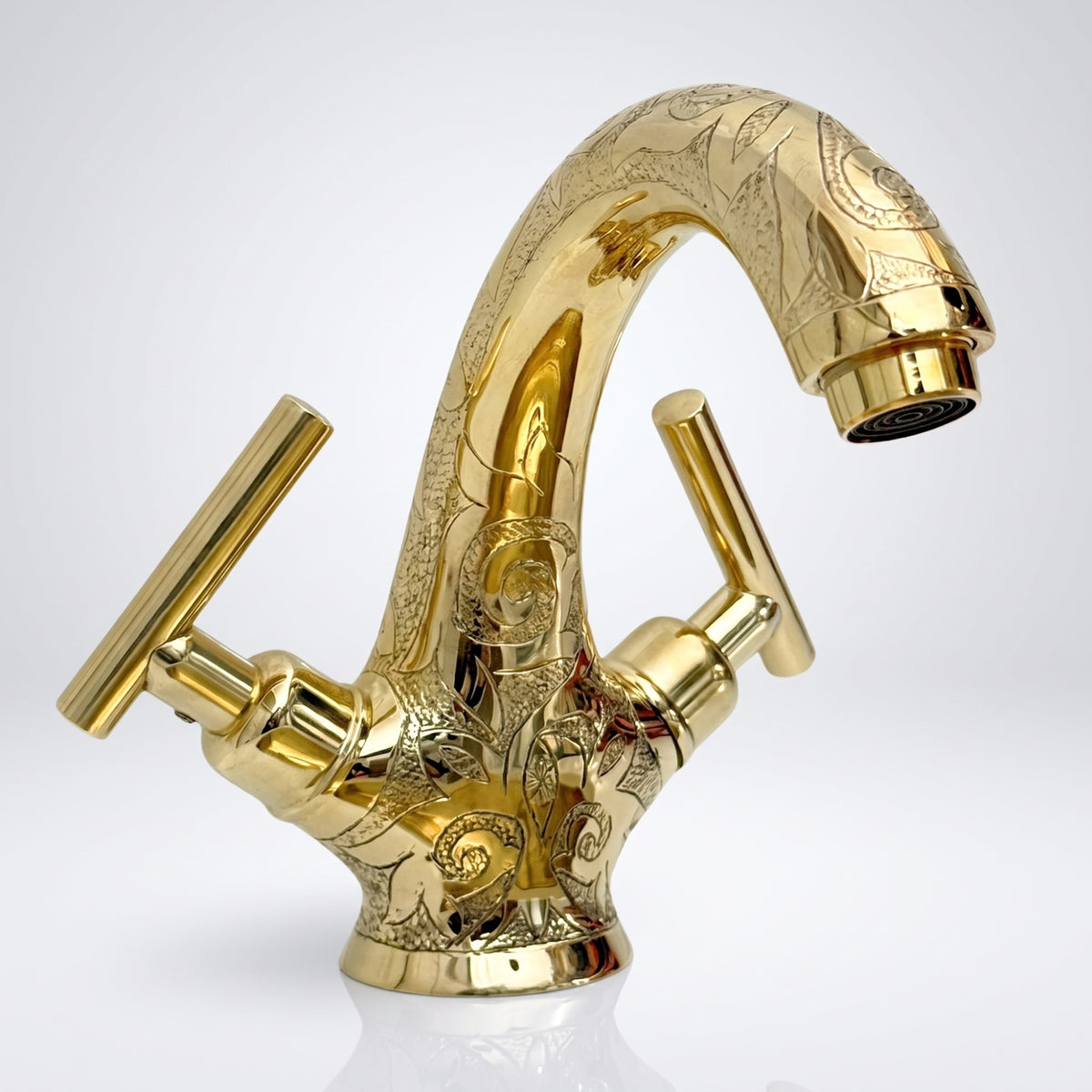 Unlacquered Brass Engraved Single Hole Bathroom Faucet with Lever Handles