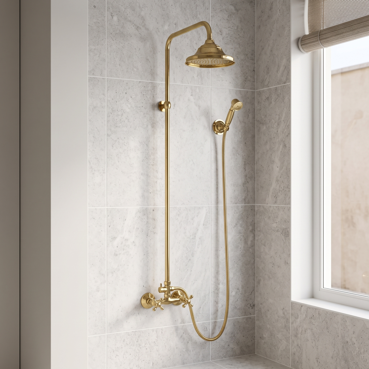 Unlacquered Brass Exposed Shower System with Rainfall Head & Handheld