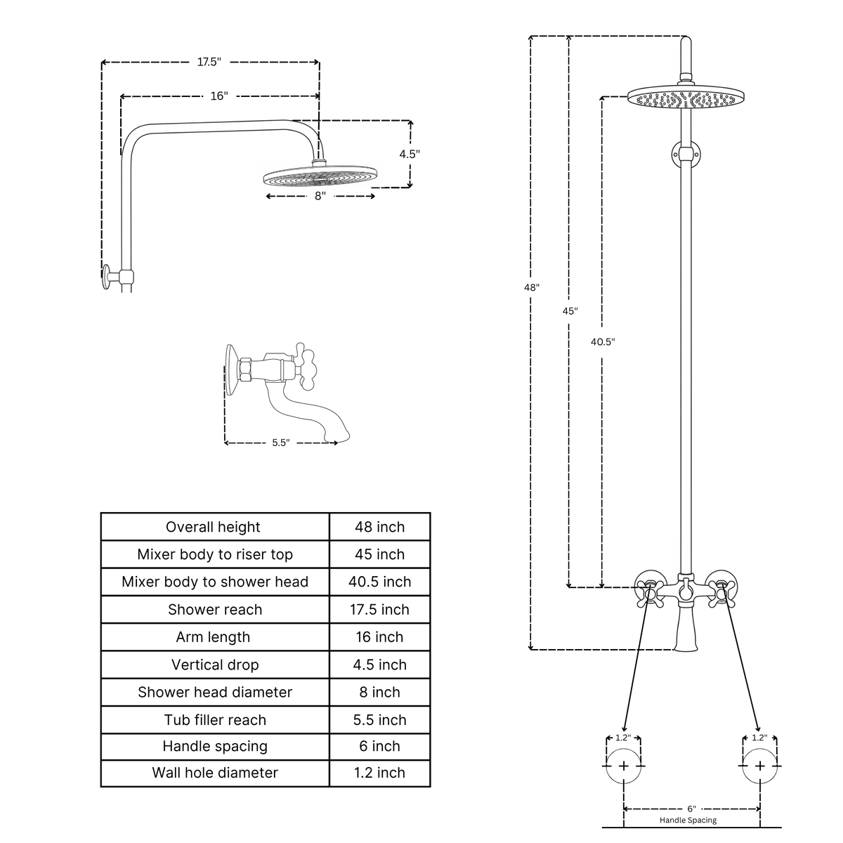 Unlacquered Brass Exposed Shower System with Rainfall Head & Tub Filler