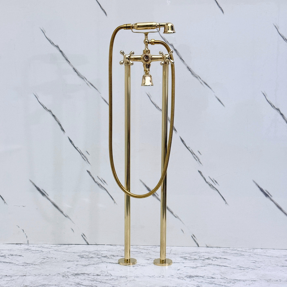 Unlacquered Brass Freestanding Tub Filler with Handheld Shower - image 1