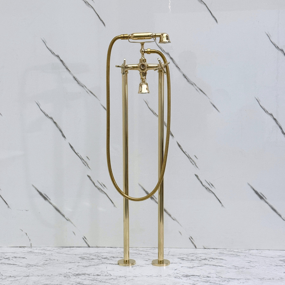 Unlacquered Brass Freestanding Tub Filler with Handheld Shower - image 4