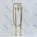 Unlacquered Brass Freestanding Bathtub Faucet, Solid Brass Tub Filler with Handheld Shower Head and Cross - image 1