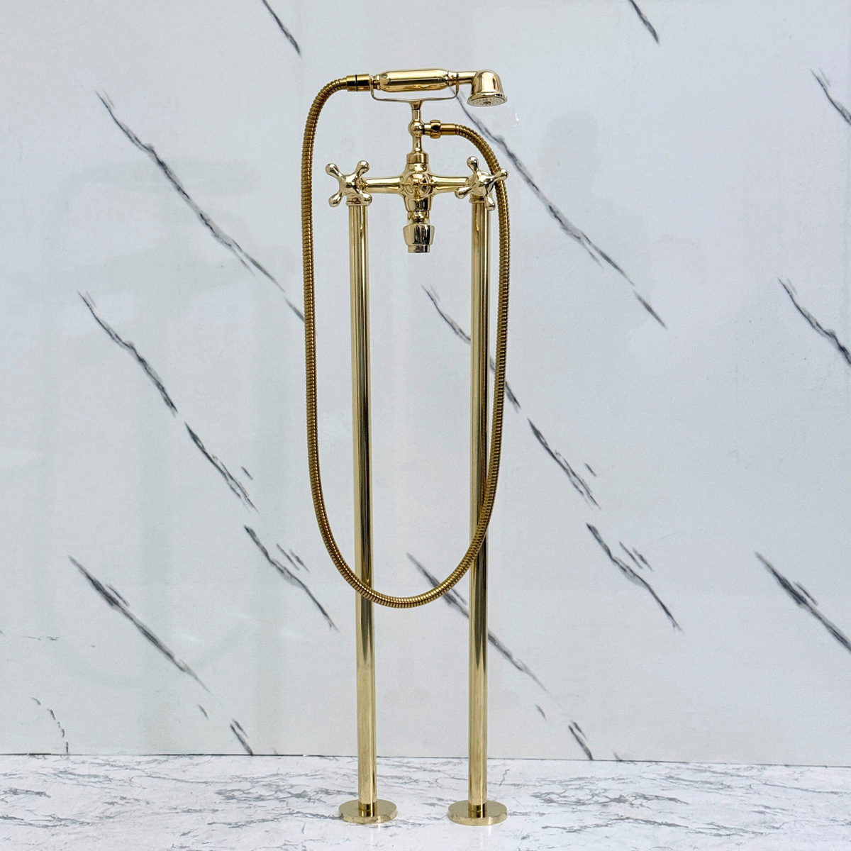 Unlacquered Brass Freestanding Bathtub Faucet, Solid Brass Tub Filler with Handheld Shower Head and Cross - image 1