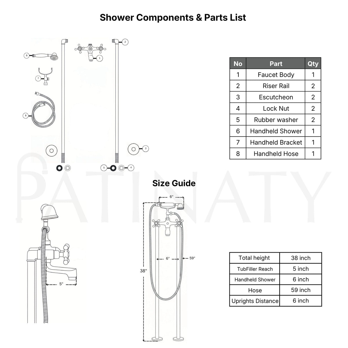 Unlacquered Brass Freestanding Tub Faucet with Handheld Shower and Cross Handles, 38-Inch Height