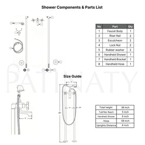 Unlacquered Brass Freestanding Tub Faucet with Handheld Shower and Cross Handles, 38-Inch Height