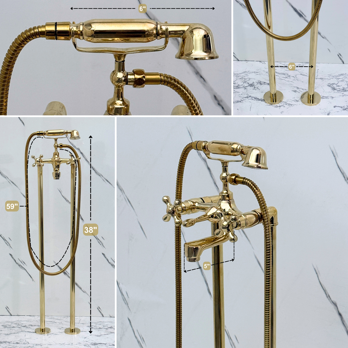 Unlacquered Brass Freestanding Bathtub Faucet, Solid Brass Tub Filler with Handheld Shower Head and Cross - image 10