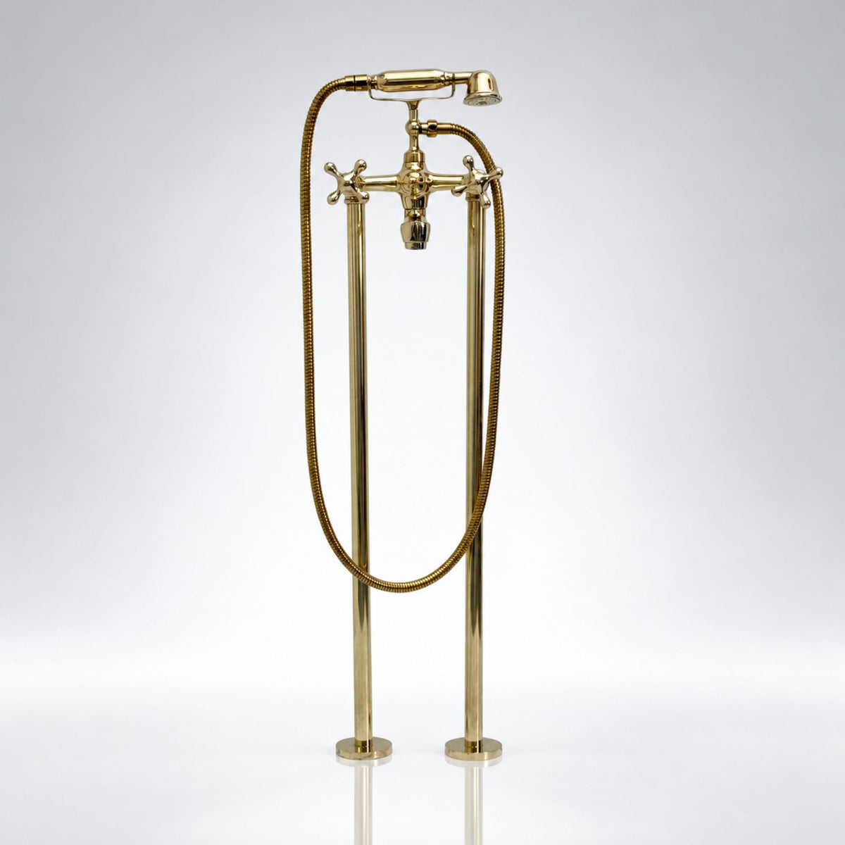 Unlacquered Brass Freestanding Tub Faucet with Handheld Shower and Cross Handles, 38-Inch Height
