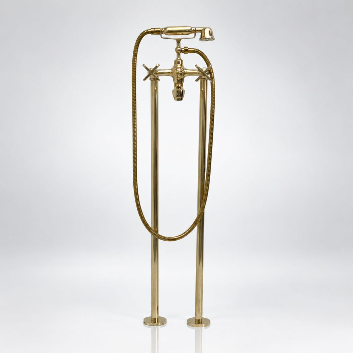 Unlacquered Brass Freestanding Tub Faucet with Handheld Shower and Cross Handles, 38-Inch Height