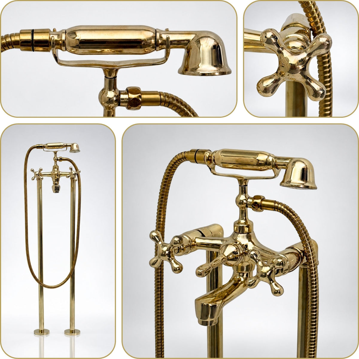 Unlacquered Brass Freestanding Tub Faucet with Handheld Shower and Cross Handles, 38-Inch Height
