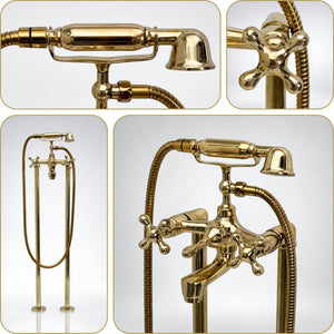 Unlacquered Brass Freestanding Tub Faucet with Handheld Shower and Cross Handles, 38-Inch Height