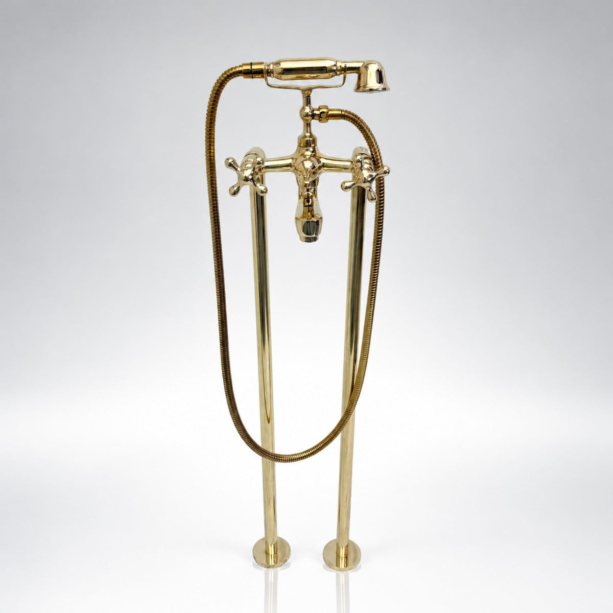 Unlacquered Brass Freestanding Tub Faucet with Handheld Shower and Cross Handles, 38-Inch Height