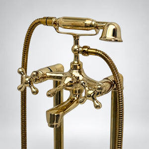 Unlacquered Brass Freestanding Tub Faucet with Handheld Shower and Cross Handles, 38-Inch Height