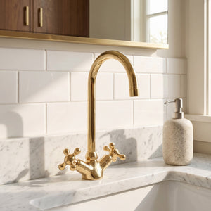 Unlacquered Brass Gooseneck Single Hole Faucet with Cross Handles