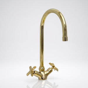 Unlacquered Brass Gooseneck Single Hole Faucet with Cross Handles