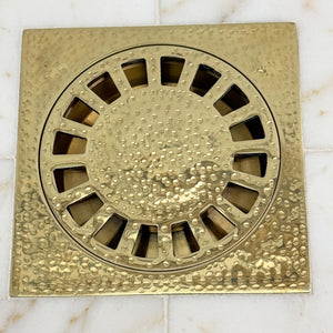 Unlacquered Brass Hammered Shower Drain with Removable Cover, Solid Brass Square Shower Drain