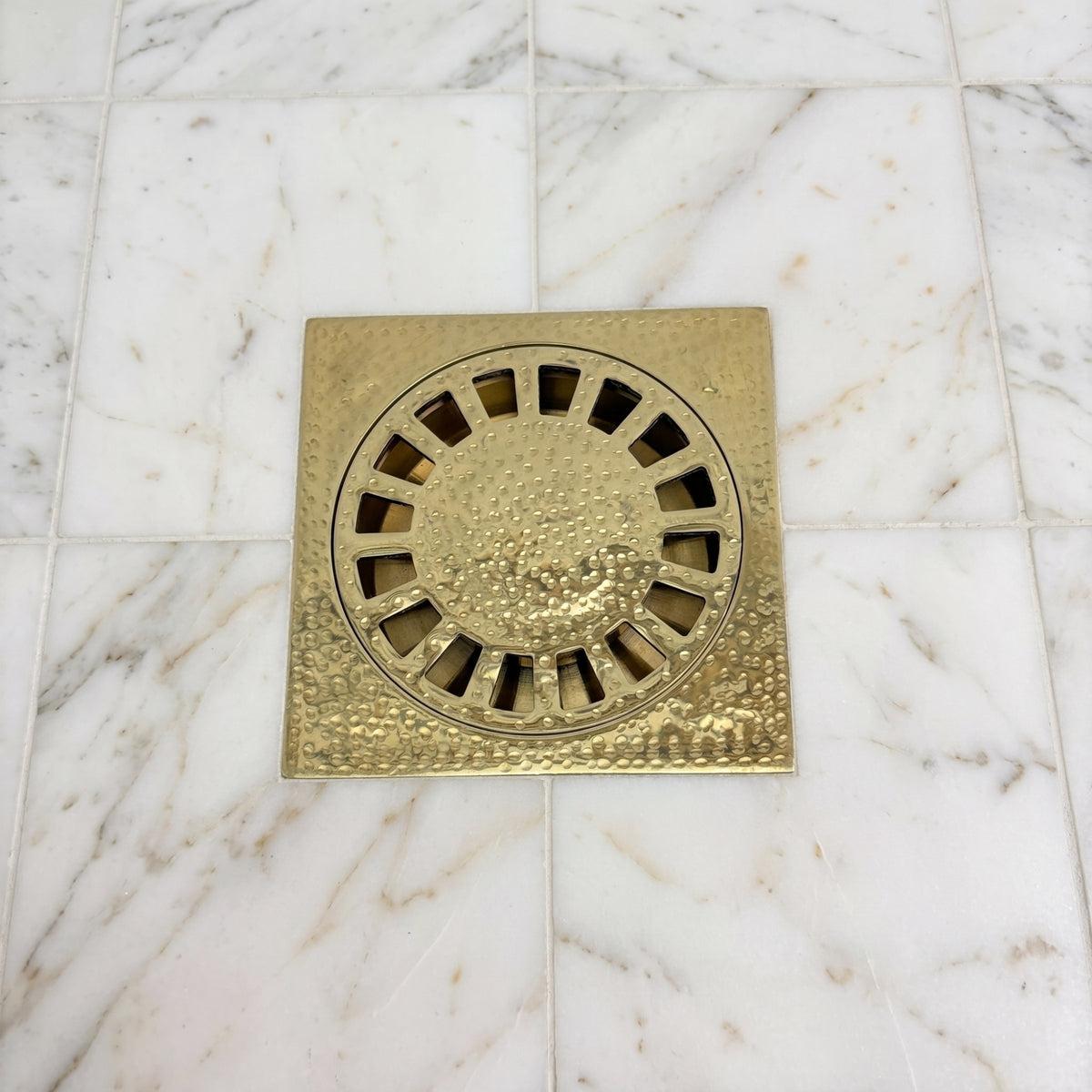 Unlacquered Brass Hammered Shower Drain with Removable Cover, Solid Brass Square Shower Drain