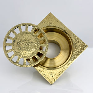 Unlacquered Brass Hammered Shower Drain with Removable Cover, Solid Brass Square Shower Drain