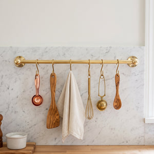 Unlacquered Brass Hanging Pot Rack, Kitchen Hook Rail, Wall Mount Rail with hooks