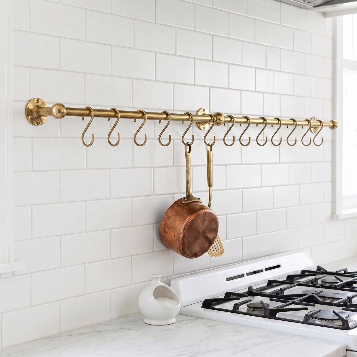 Unlacquered Brass Hanging Pot Rack, Kitchen Hook Rail, Wall Mount Rail with hooks