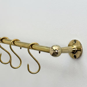 Unlacquered Brass Hanging Pot Rack, Kitchen Hook Rail, Wall Mount Rail with hooks