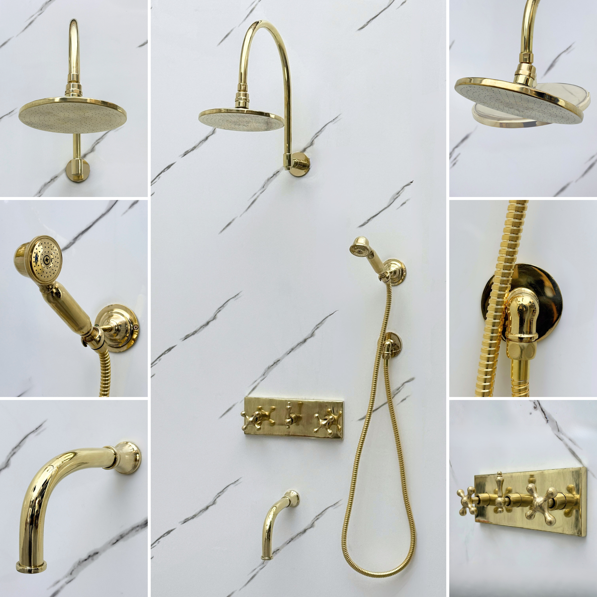 Unlacquered Brass Adjustable Flat Round Rain Shower System with Handheld & Tub Filler — Arcuate arm (UBCSS-014) — detail view 3