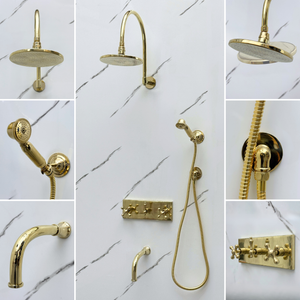 Unlacquered Brass Adjustable Flat Round Rain Shower System with Handheld & Tub Filler — Arcuate arm (UBCSS-014) — detail view 3
