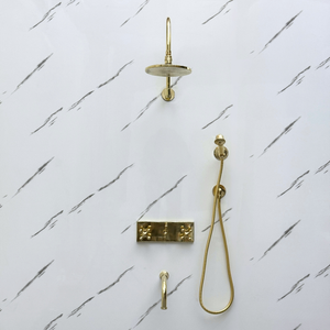 Unlacquered Brass Adjustable Flat Round Rain Shower System with Handheld & Tub Filler — Arcuate arm (UBCSS-014) — detail view 5