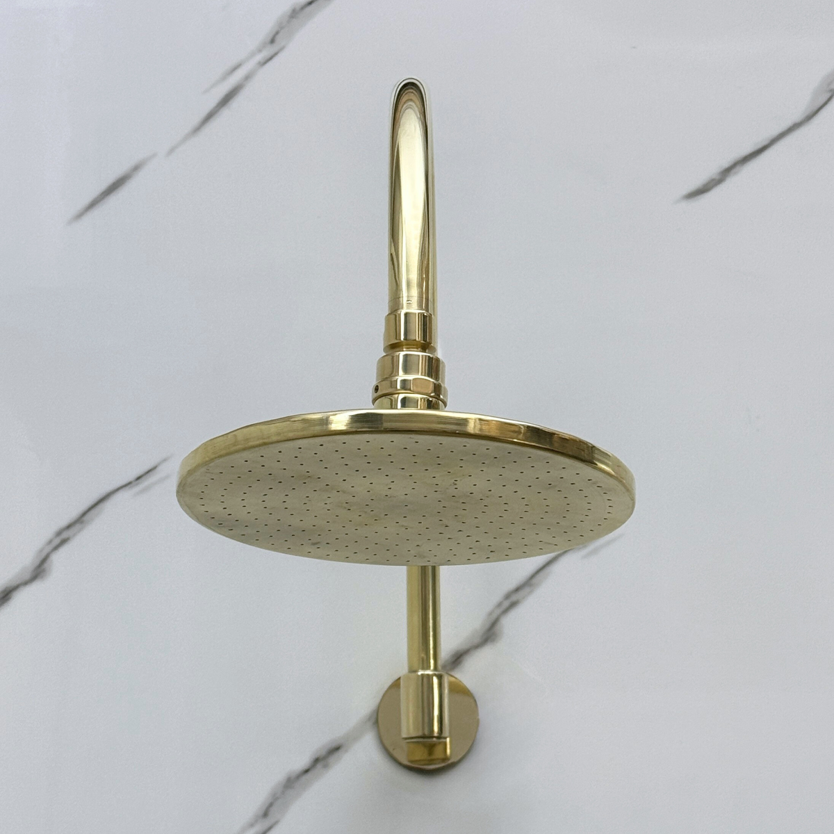 Unlacquered Brass Adjustable Flat Round Rain Shower System with Handheld & Tub Filler — Arcuate arm (UBCSS-014) — detail view 6