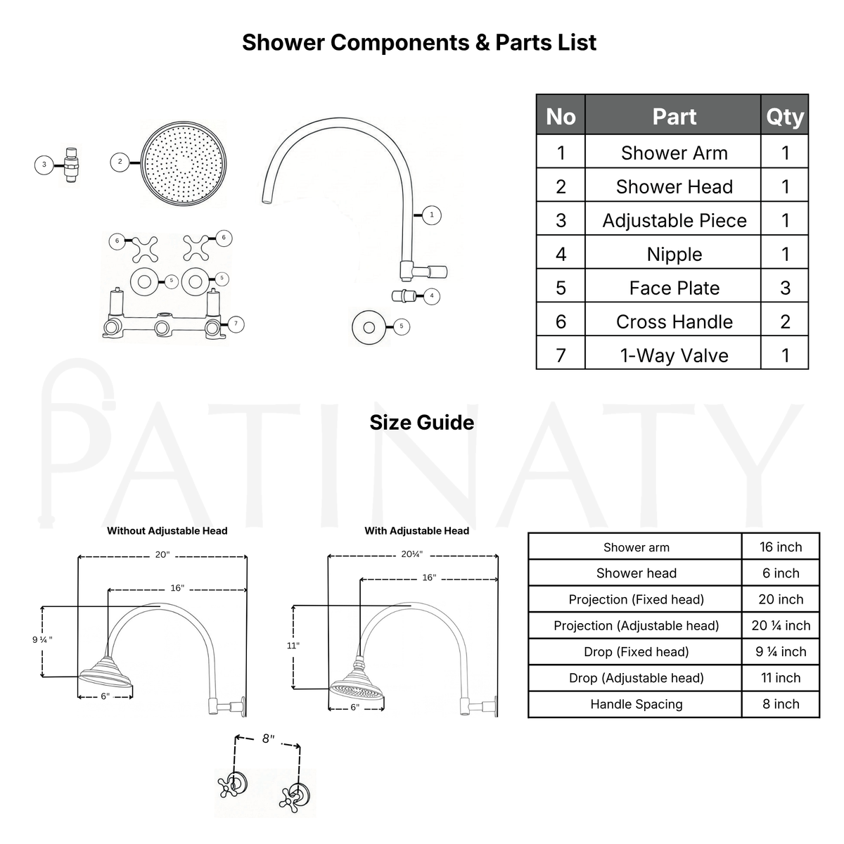 Unlacquered Brass Adjustable 6" Round Rain Shower System, Arcuate Arm