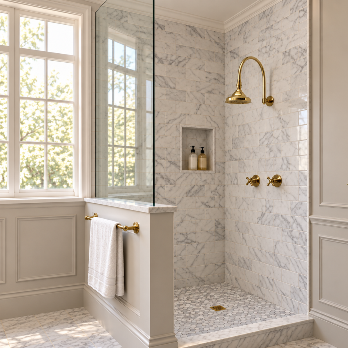 Unlacquered Brass Adjustable 6" Round Rain Shower System, Arcuate Arm
