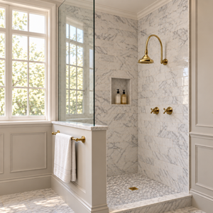 Unlacquered Brass Adjustable 6" Round Rain Shower System, Arcuate Arm