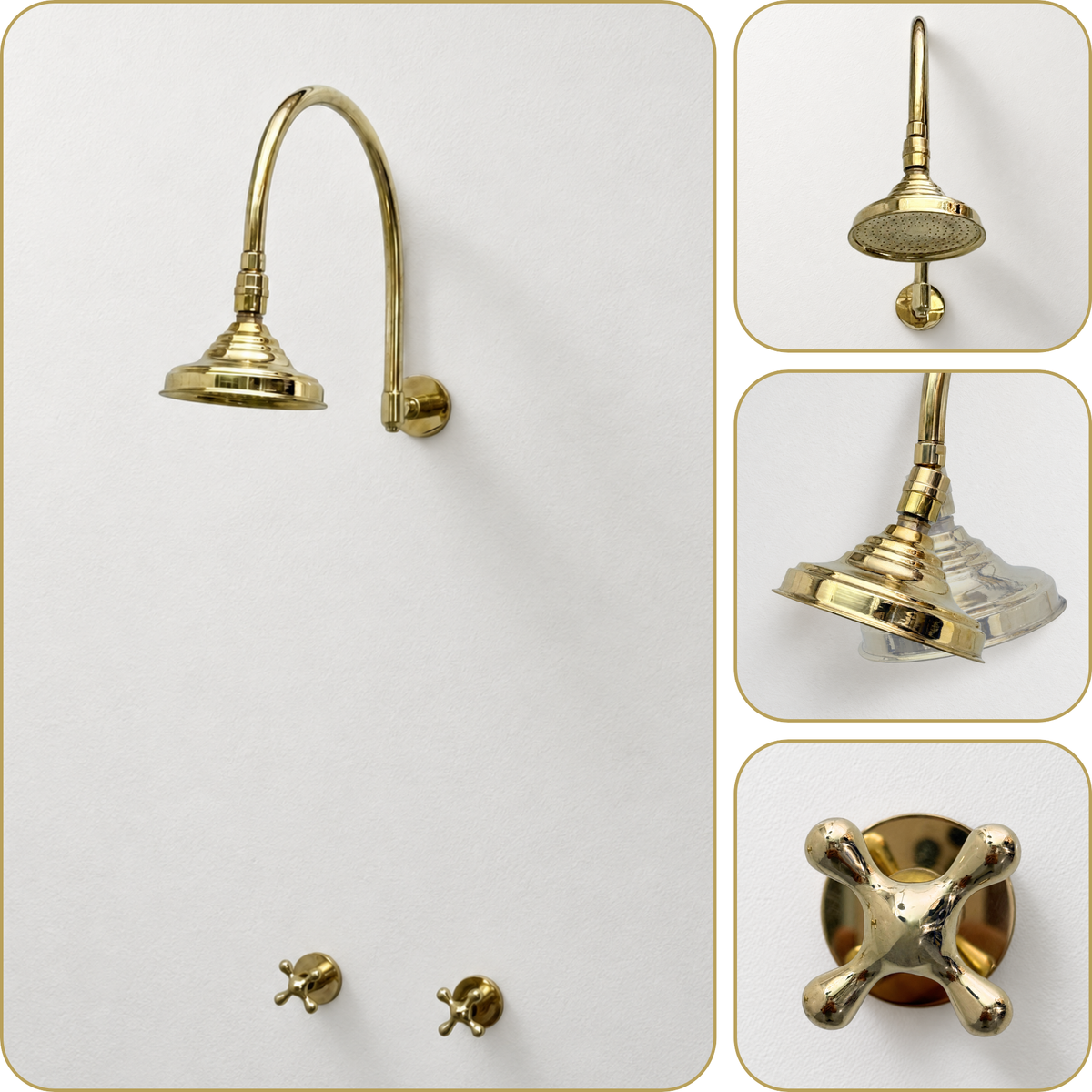 Unlacquered Brass Adjustable 6" Round Rain Shower System, Arcuate Arm