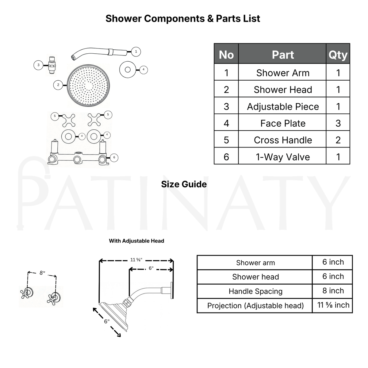 Unlacquered Brass Adjustable 6" Round Rain Shower System, Short Arm